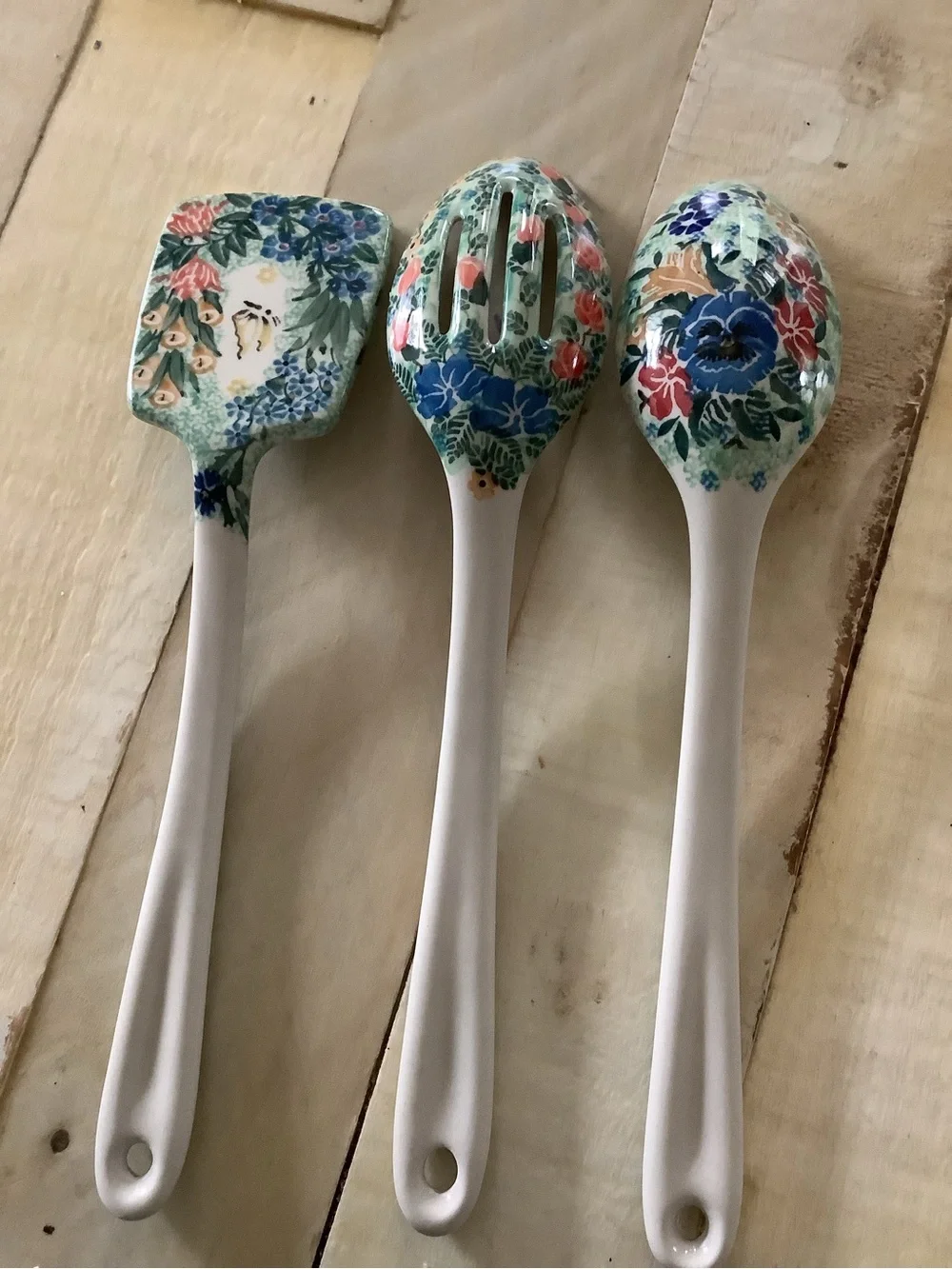 Lot Of 3 Three Polish Pottery UNIKAT serving Utensils Spoon 13”